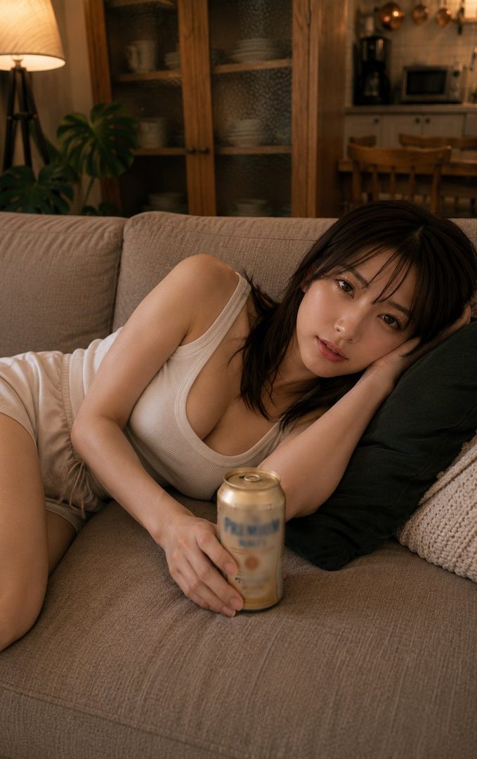 A young woman with long dark hair lies on a sofa, holding a can of beer, wearing a white tank top and shorts.
