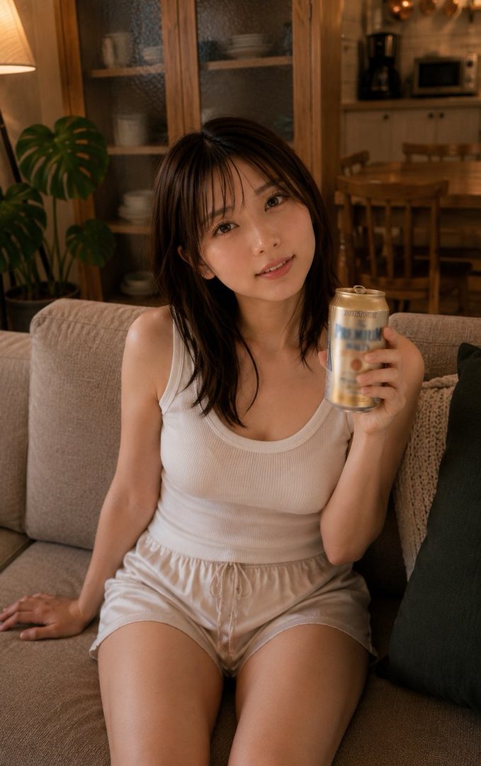 A young East Asian woman with long dark hair, wearing a white tank top and shorts, sits on a couch holding a can of beer.