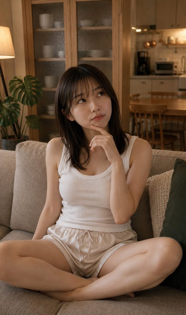 A young East Asian woman with long dark hair sits cross-legged on a sofa, wearing a white tank top and light-colored shorts, looking thoughtfully to the side.
