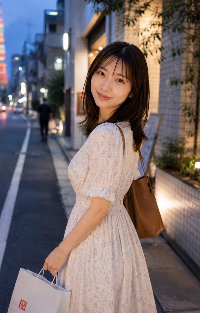 A young East Asian woman with shoulder-length dark hair smiles gently while walking on a city street at dusk, holding shopping bags.