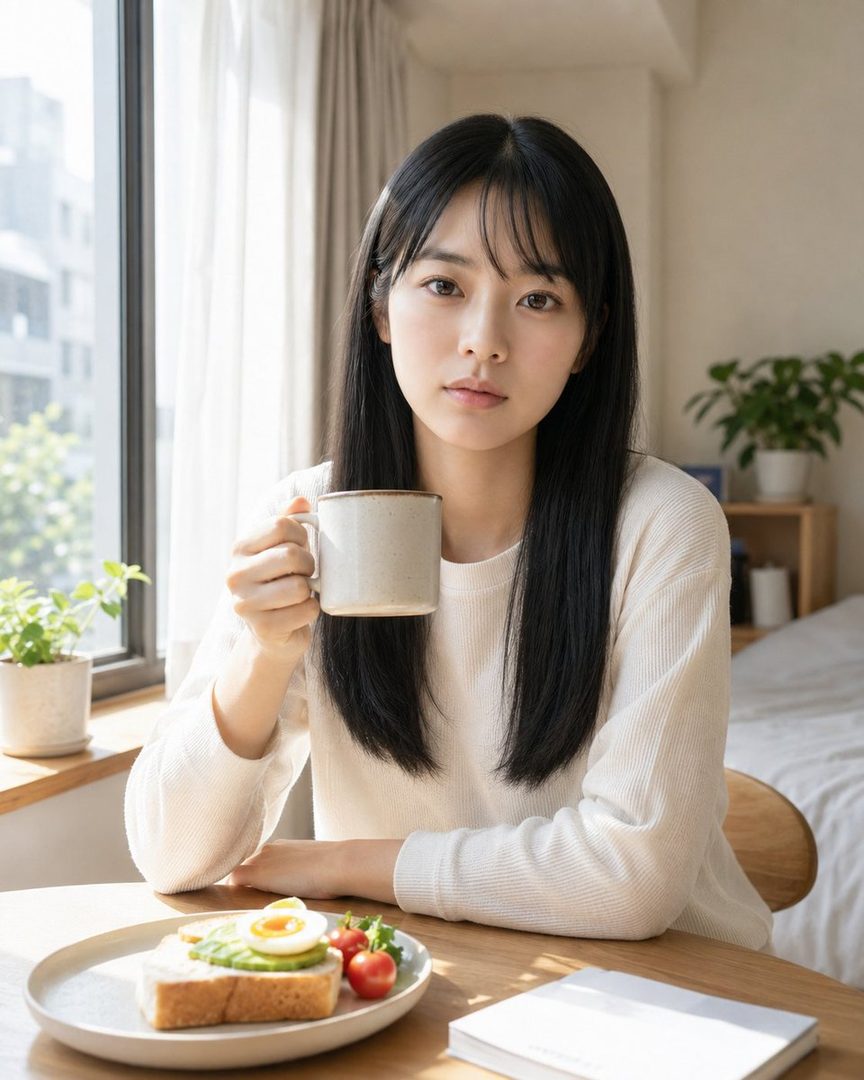 A young woman with long black hair sits at a table by a window, holding a coffee mug and looking at the camera, with breakfast on the table.