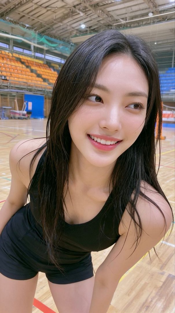 A young woman with long black hair smiles brightly, wearing a black tank top and shorts, in an indoor gymnasium.