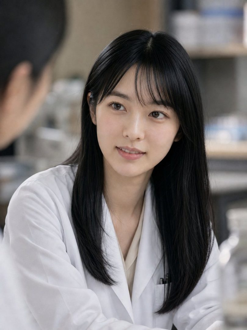 A young woman with long black hair and bangs, wearing a white lab coat, looks to the side with a gentle smile in an indoor setting.