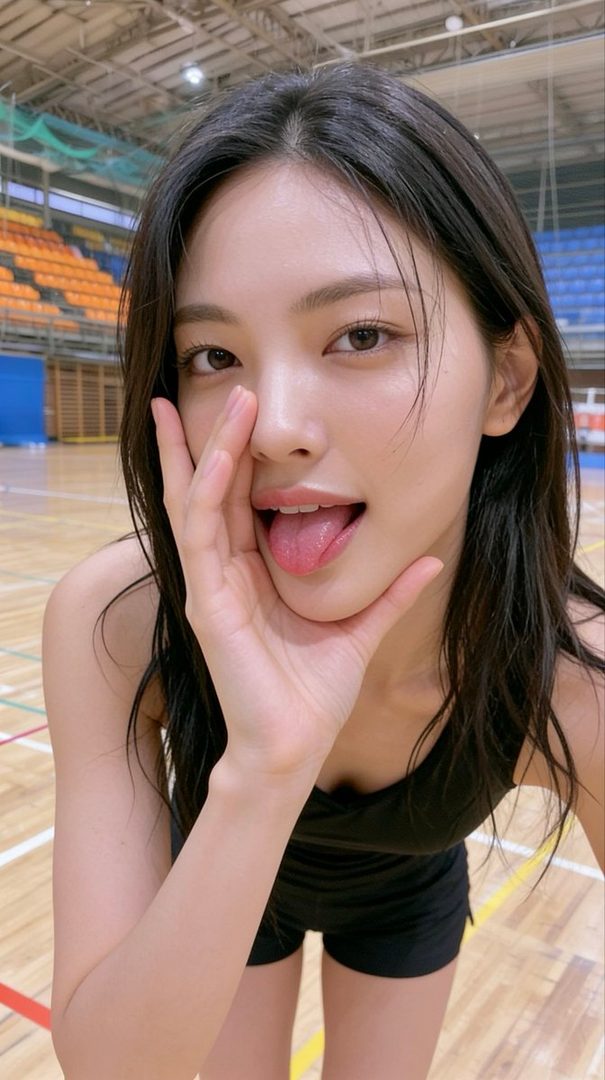 A young East Asian woman with long black hair, wearing black sportswear, playfully sticks out her tongue while holding her hand to her face in an indoor gymnasium.