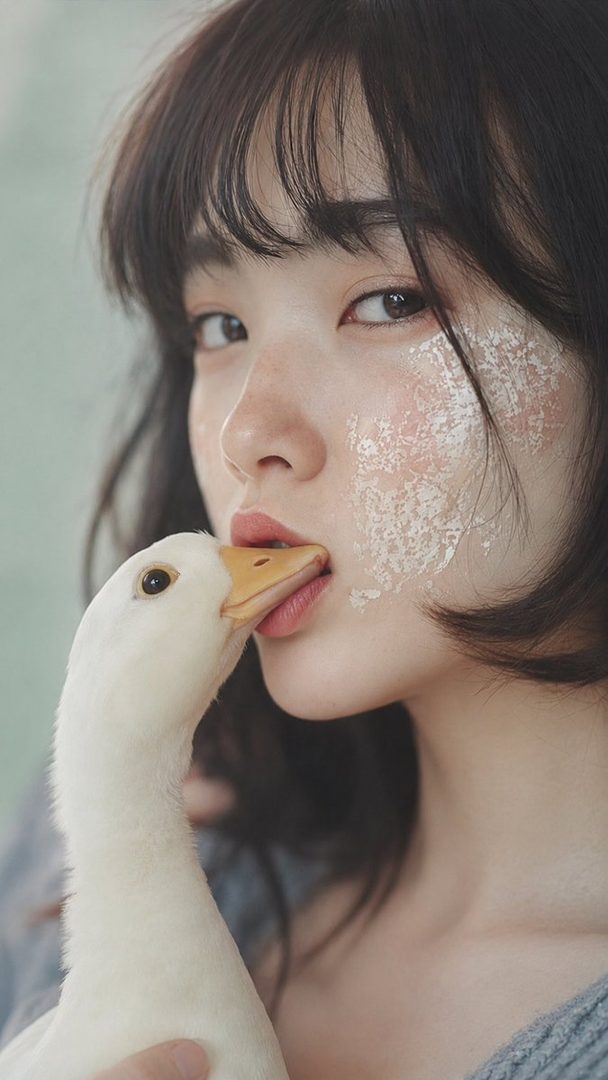 A young woman with dark hair and glitter makeup on her cheek holds a white duck to her face, with the duck's beak touching her lips.