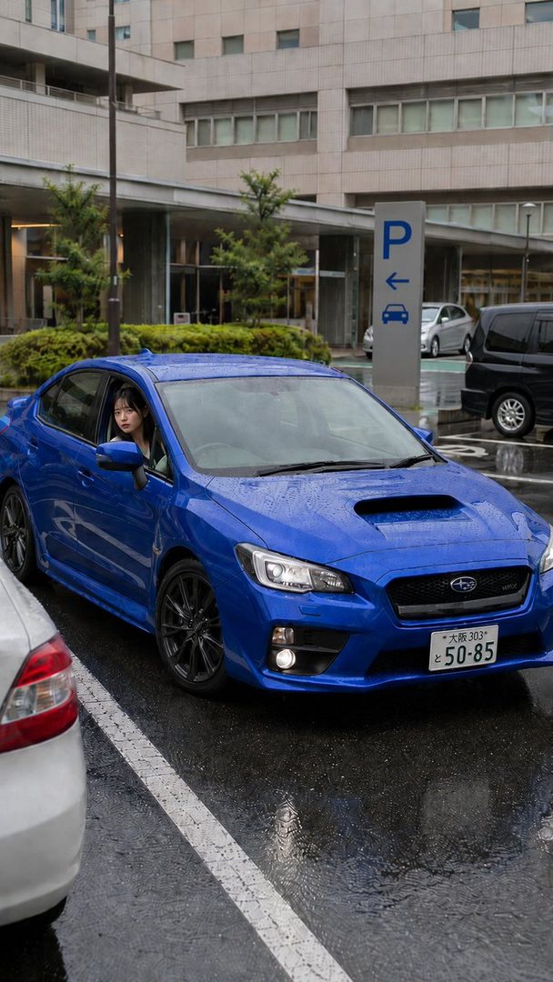 A young woman with long black hair is sitting in a blue Subaru WRX on a wet urban street after rain, looking out the window.