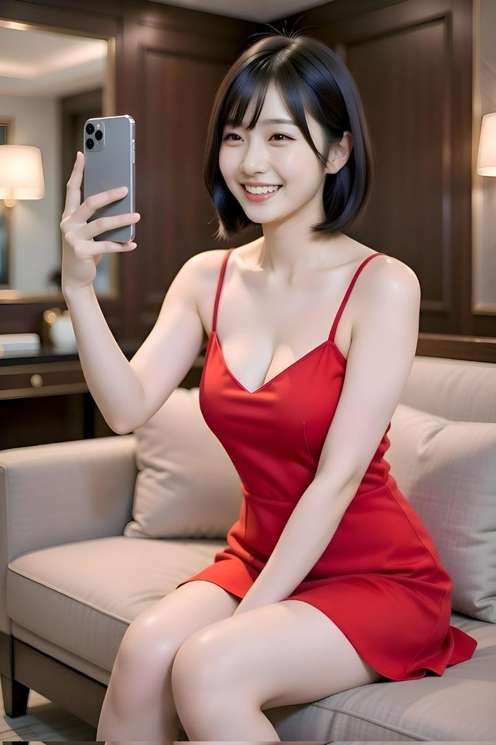 A young East Asian woman with short black hair smiles as she takes a selfie with her phone while sitting on a couch in a red dress.