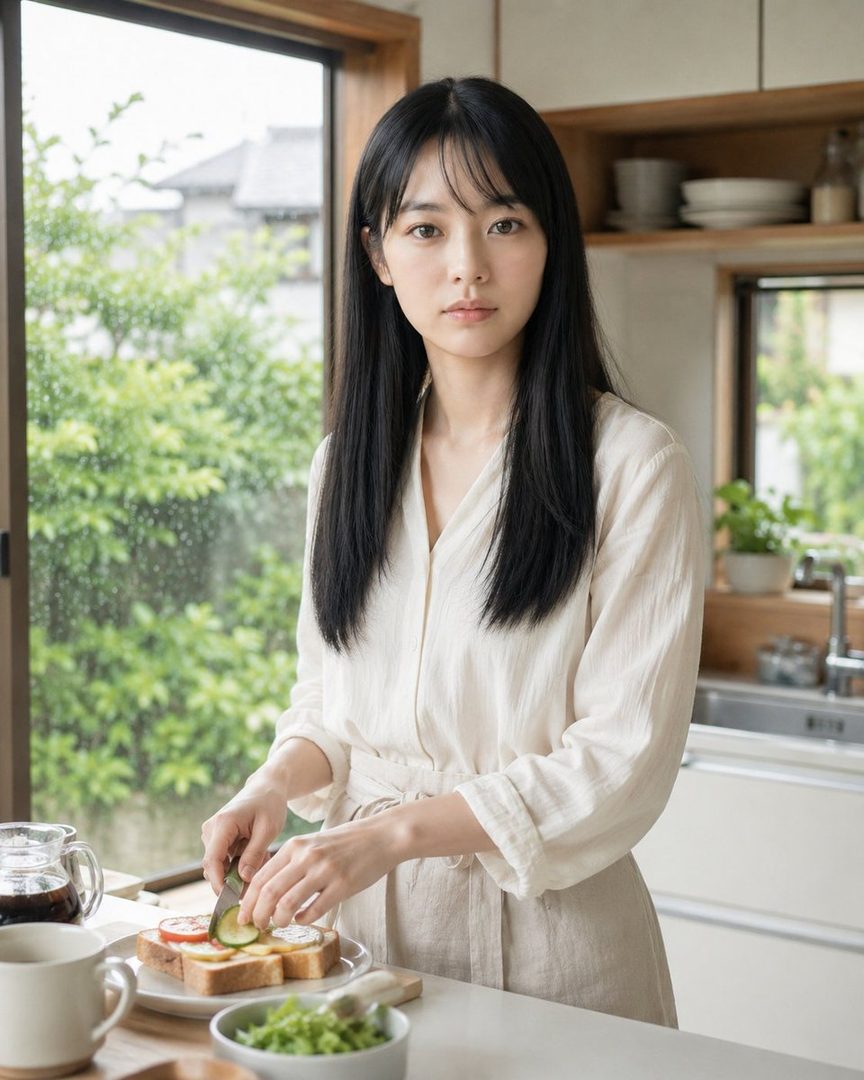 A young woman with long black hair is preparing breakfast in a bright kitchen, slicing vegetables for toast.