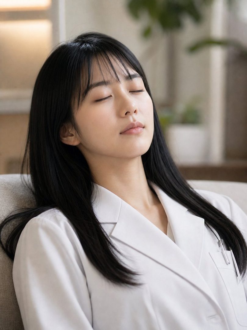 A young woman with black hair and bangs, wearing a white lab coat, rests with her eyes closed in a peaceful indoor setting.