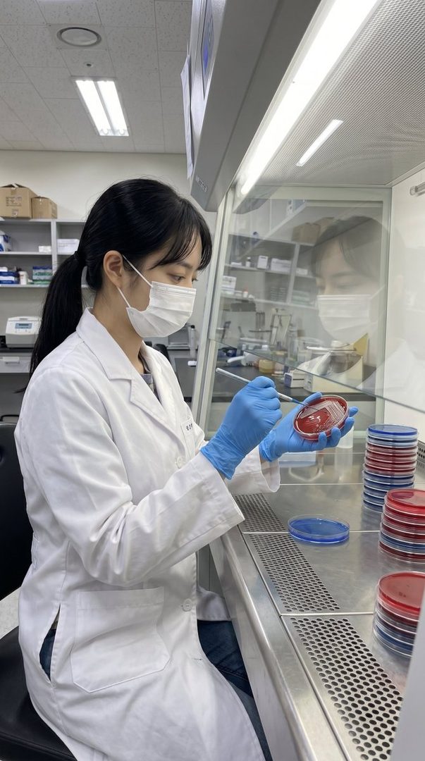 A female scientist in a lab coat, face mask, and blue gloves carefully examines a petri dish in a laboratory setting.