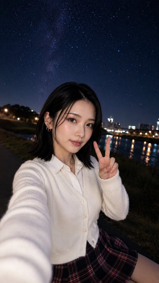 A young East Asian woman with short black hair takes a selfie at night by a river, with city lights and stars in the background. She is wearing a white cardigan over a collared shirt and a plaid skirt, and flashes a peace sign.