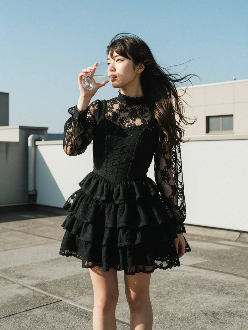 A young woman with long dark hair drinks from a glass on a rooftop, wearing a black lace dress.