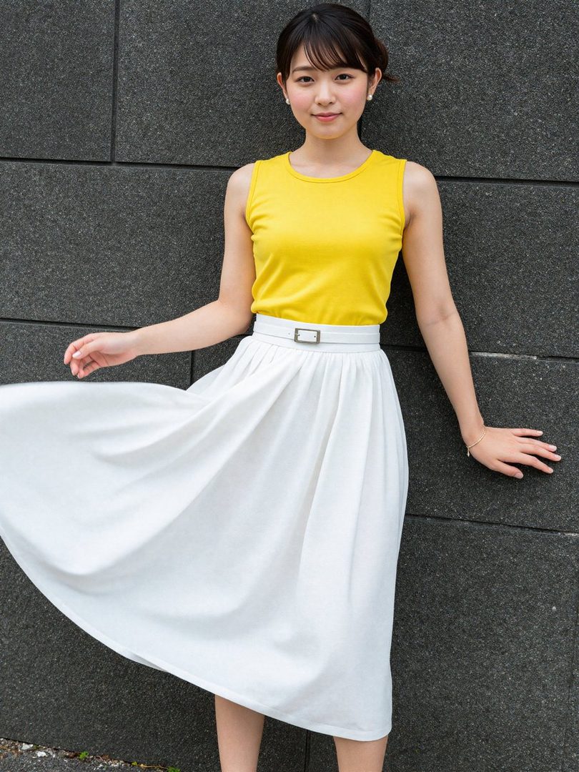 A young East Asian woman with short black hair, wearing a yellow tank top and a white flowing skirt, stands against a dark textured wall.