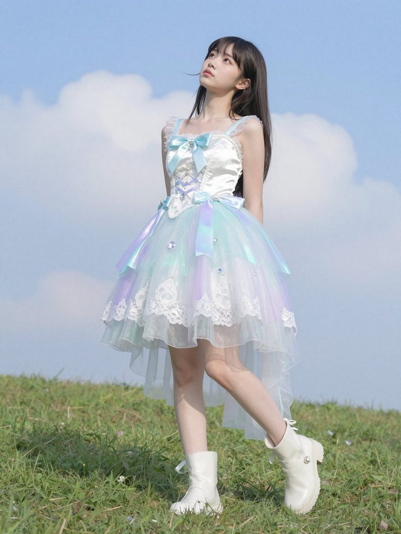A young woman in a pastel, layered dress and white boots stands in a grassy field under a blue sky with clouds.