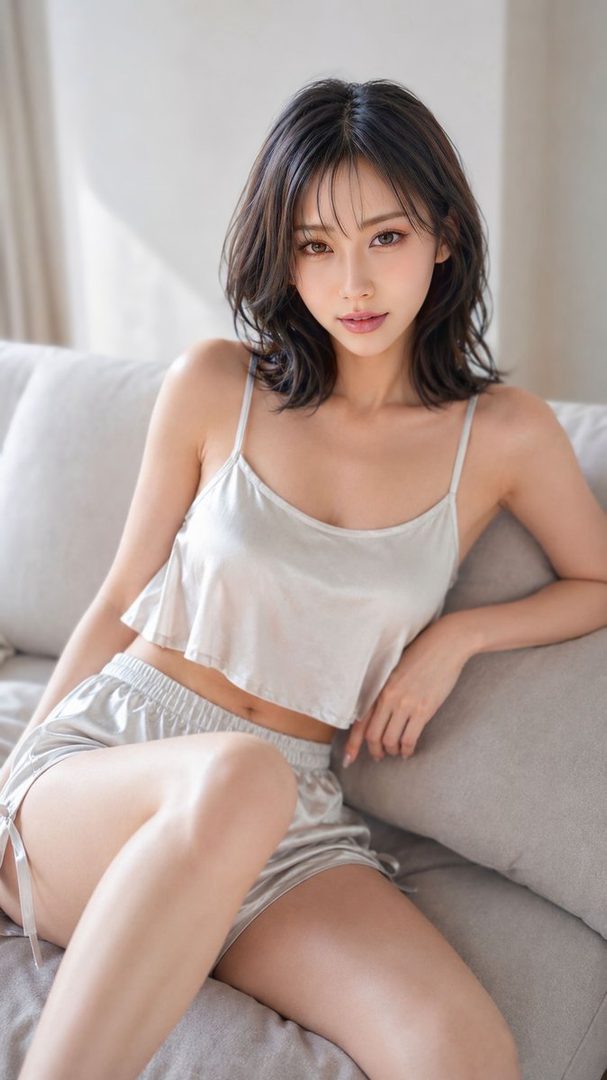 A young East Asian woman with short, dark hair and light makeup poses indoors, wearing a silver satin camisole and shorts set.
