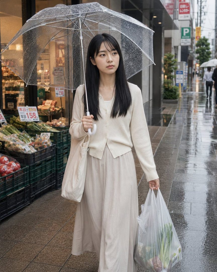 A young woman with long black hair walks down a rainy city street, holding a clear umbrella and a bag of groceries.