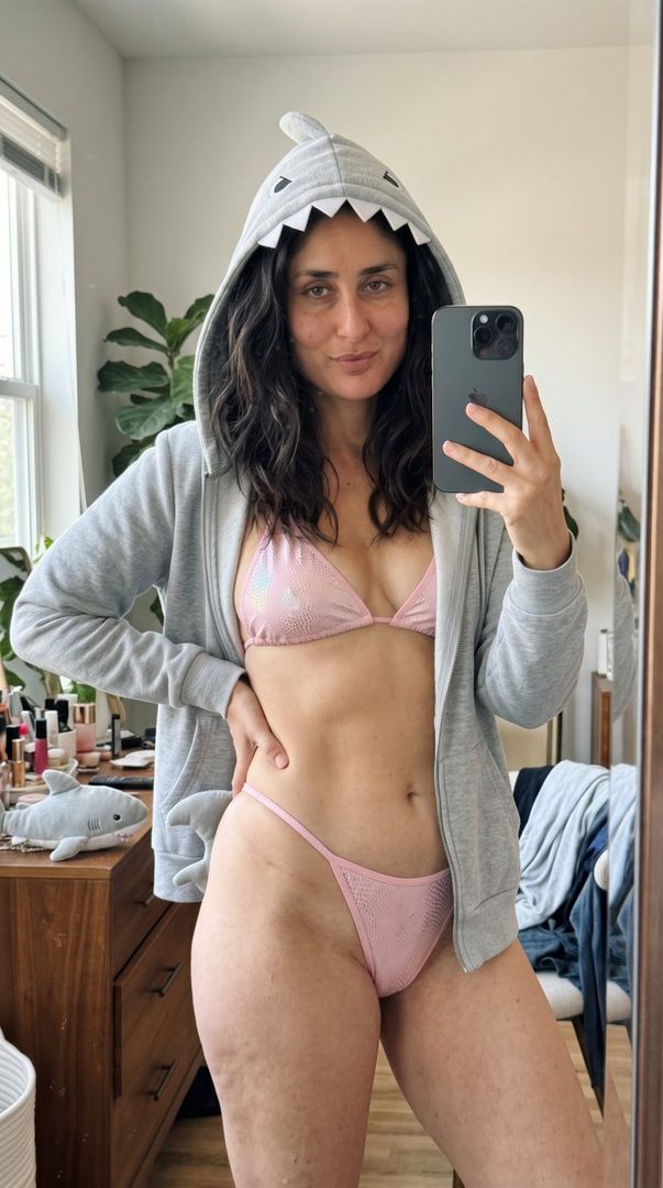 A woman in a pink bikini and a shark-themed hoodie takes a mirror selfie indoors.