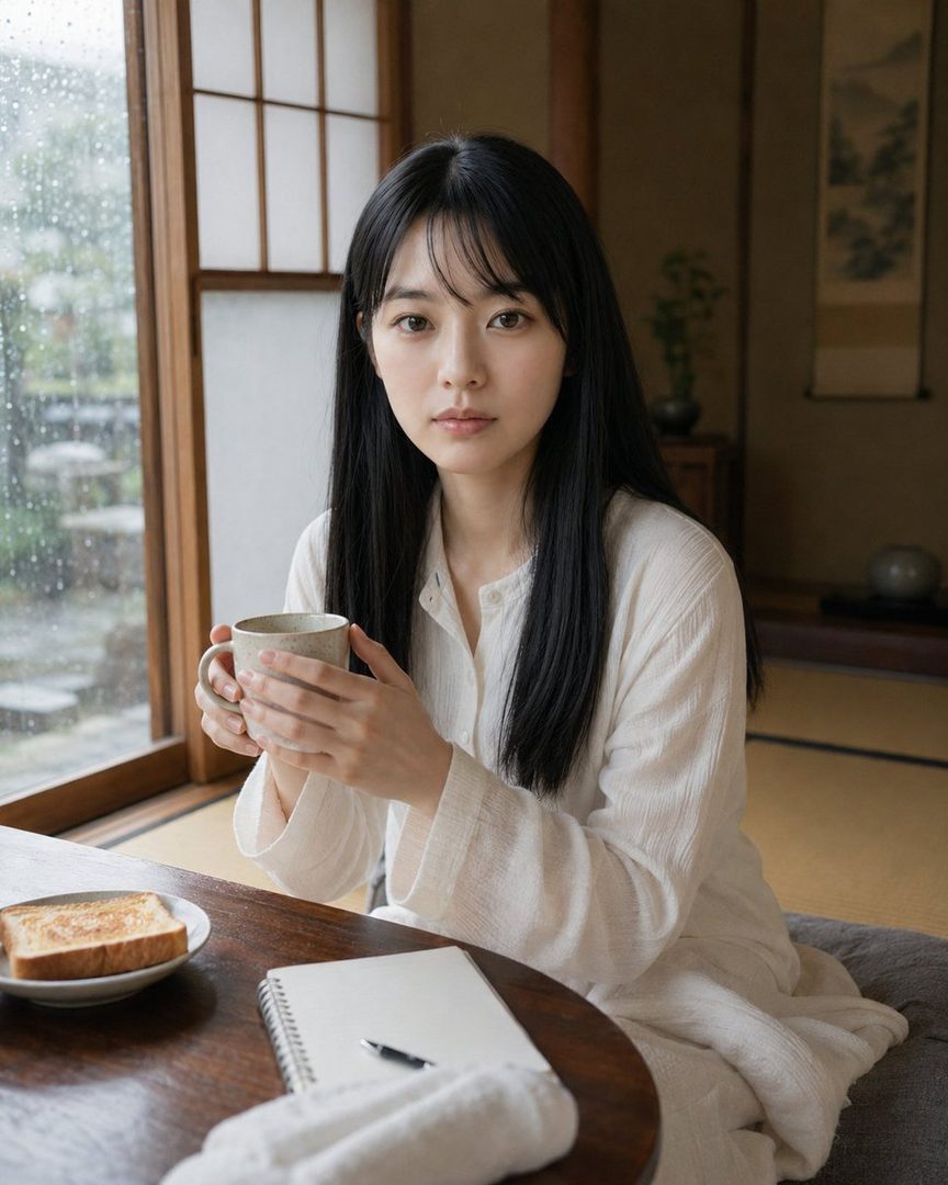 A young woman with long black hair and bangs sits by a window on a rainy morning, holding a cup and looking at the camera, with toast and a notebook on the table.