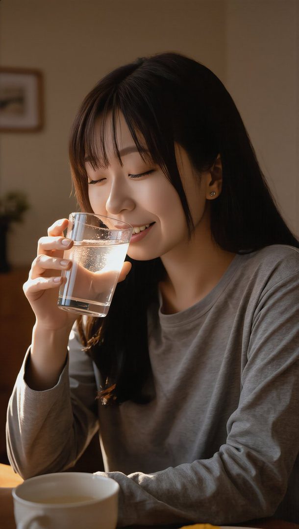 A young East Asian woman with long black hair and bangs, wearing a grey long-sleeved shirt, drinks water from a glass indoors.