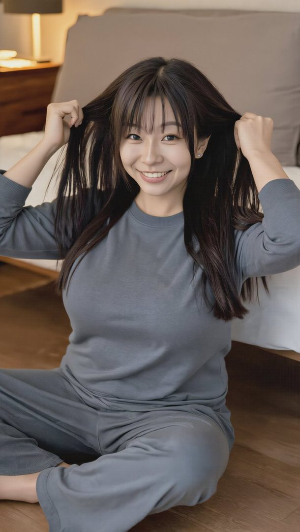 A young East Asian woman with long dark hair and bangs, wearing a grey loungewear set, sits on the floor in a bedroom, smiling and playing with her hair.