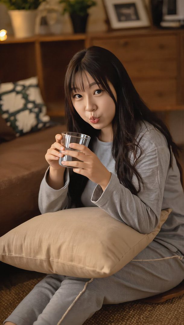 A young East Asian woman in casual loungewear sits indoors, holding a glass of water and looking at the camera with a playful expression.
