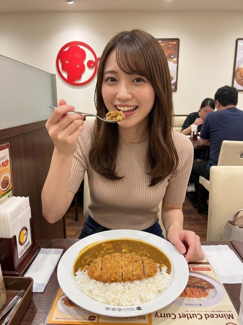 A young East Asian woman with long brown hair smiles as she eats a spoonful of minced cutlet curry with rice in a restaurant.