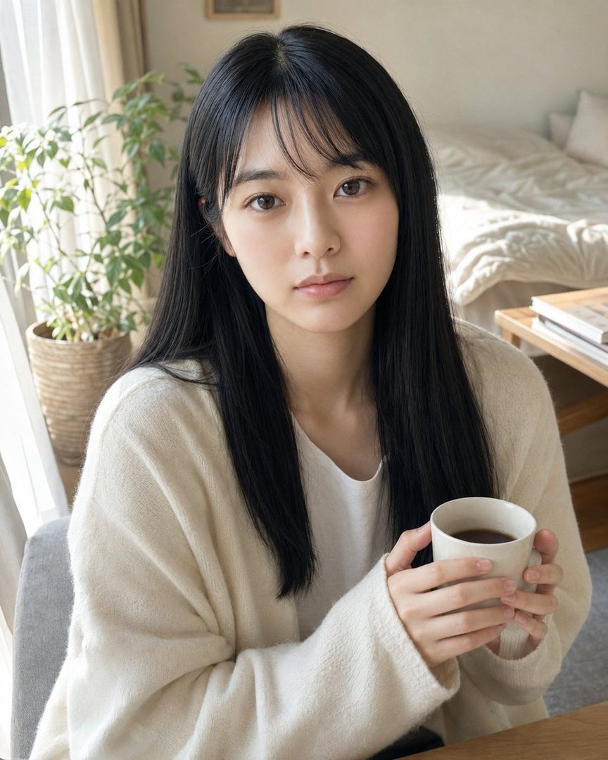 A young woman with long black hair and bangs, wearing a white sweater, holds a cup of coffee in a cozy bedroom setting with natural light.