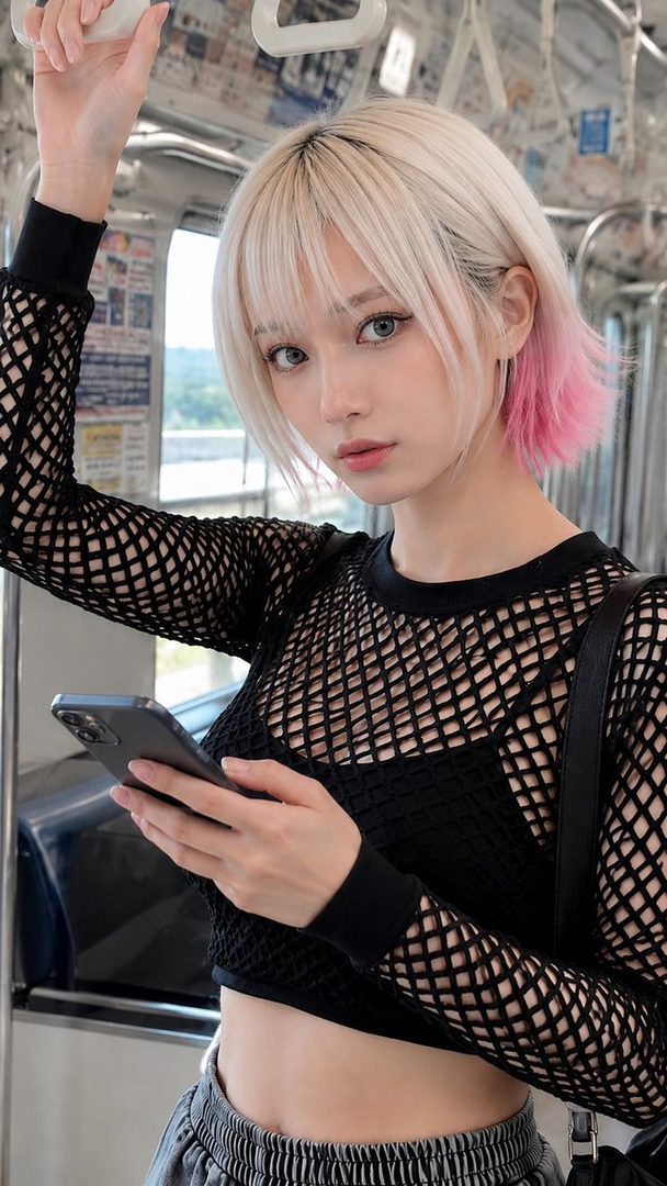 A young woman with short blonde hair with pink tips, wearing a black fishnet top, holds a smartphone while riding a train.