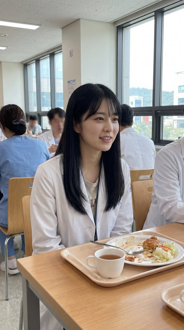 A young woman with long black hair, wearing a white lab coat, smiles while sitting at a table in a cafeteria with a meal and a cup of tea.