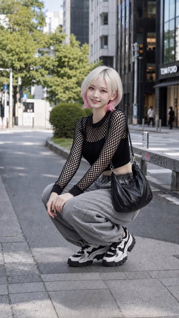 A young woman with short blonde hair with pink tips, wearing a black fishnet top and grey sweatpants, squats on a city sidewalk.