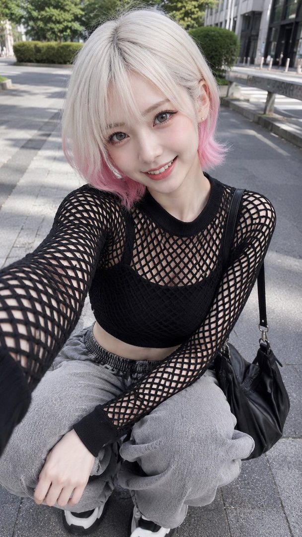 A young woman with short blonde hair with pink tips, wearing a black fishnet top and grey pants, poses for a selfie outdoors on a street.