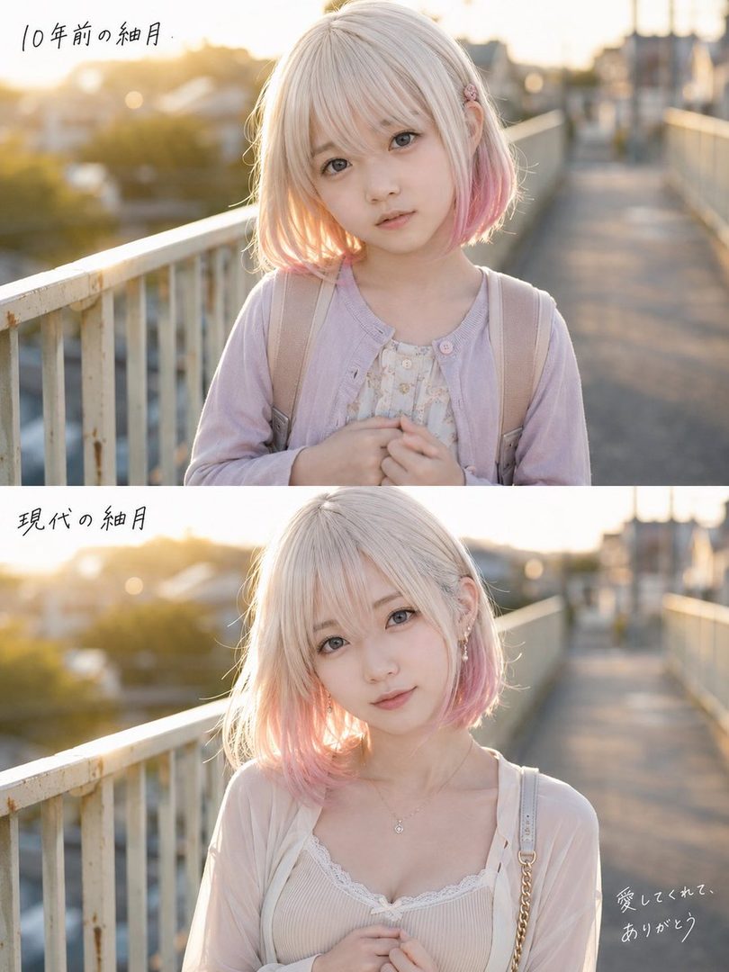 Split image showing two AI-generated portraits of a young East Asian woman with blonde and pink ombre hair, posing outdoors during golden hour.
