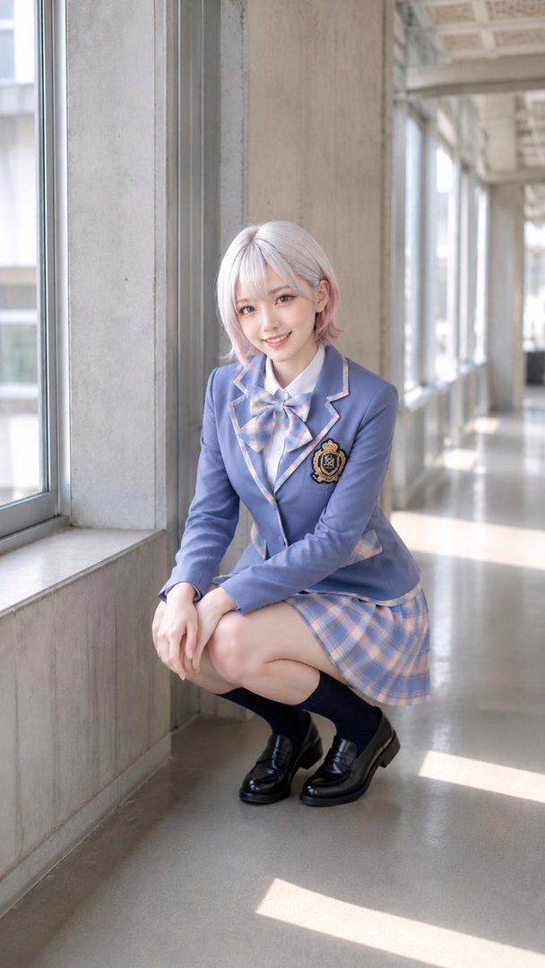 A young woman with short, light-colored hair and pink highlights, wearing a blue school uniform blazer, white shirt, plaid tie, and plaid skirt, squats in a hallway.