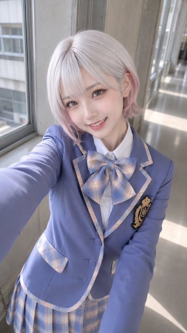 A young woman with short, light pink-tipped white hair smiles at the camera, wearing a blue school uniform blazer over a white shirt and a plaid bow tie.