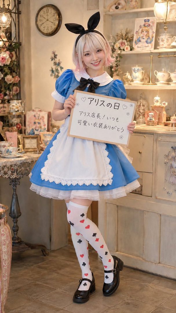 A young woman in an Alice in Wonderland costume, holding a sign, poses indoors.