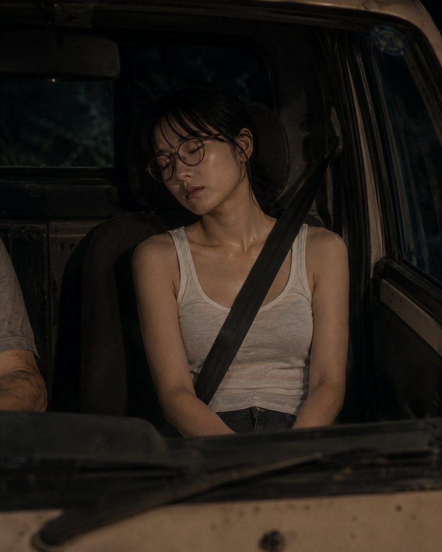 A young woman with glasses sleeps in the passenger seat of a car at night, wearing a white tank top.