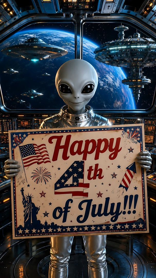 An alien in a silver suit holds a 'Happy 4th of July' sign, with Earth and spaceships visible in the background.