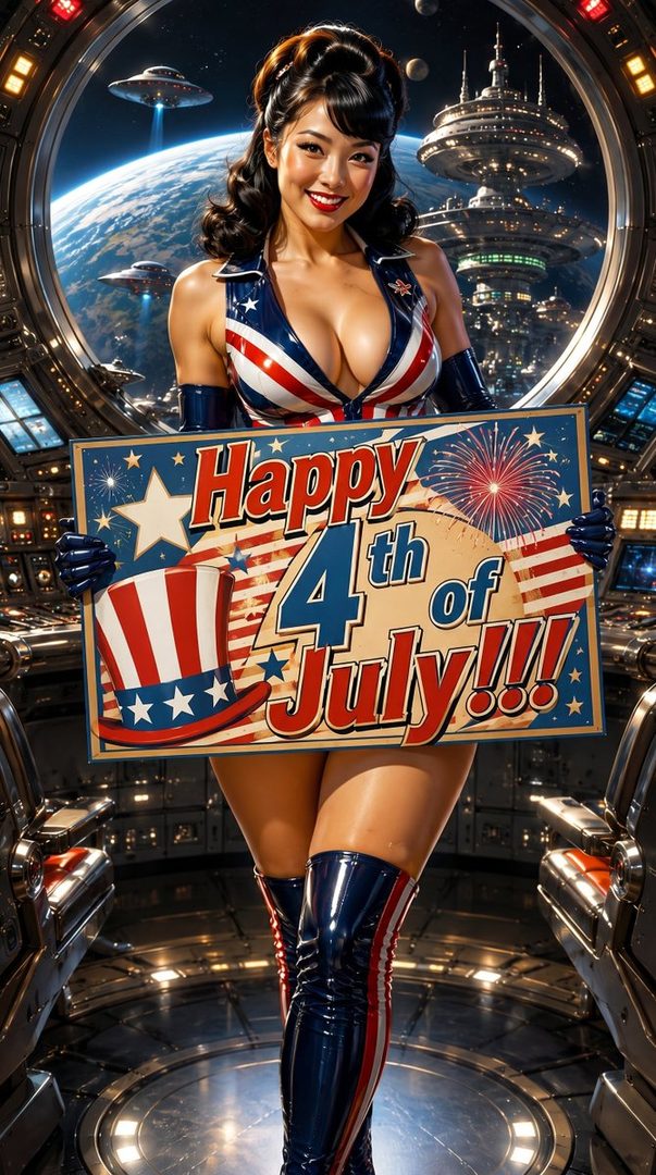 A smiling East Asian woman in a patriotic outfit holds a 'Happy 4th of July' sign, with a futuristic space station and Earth visible in the background.