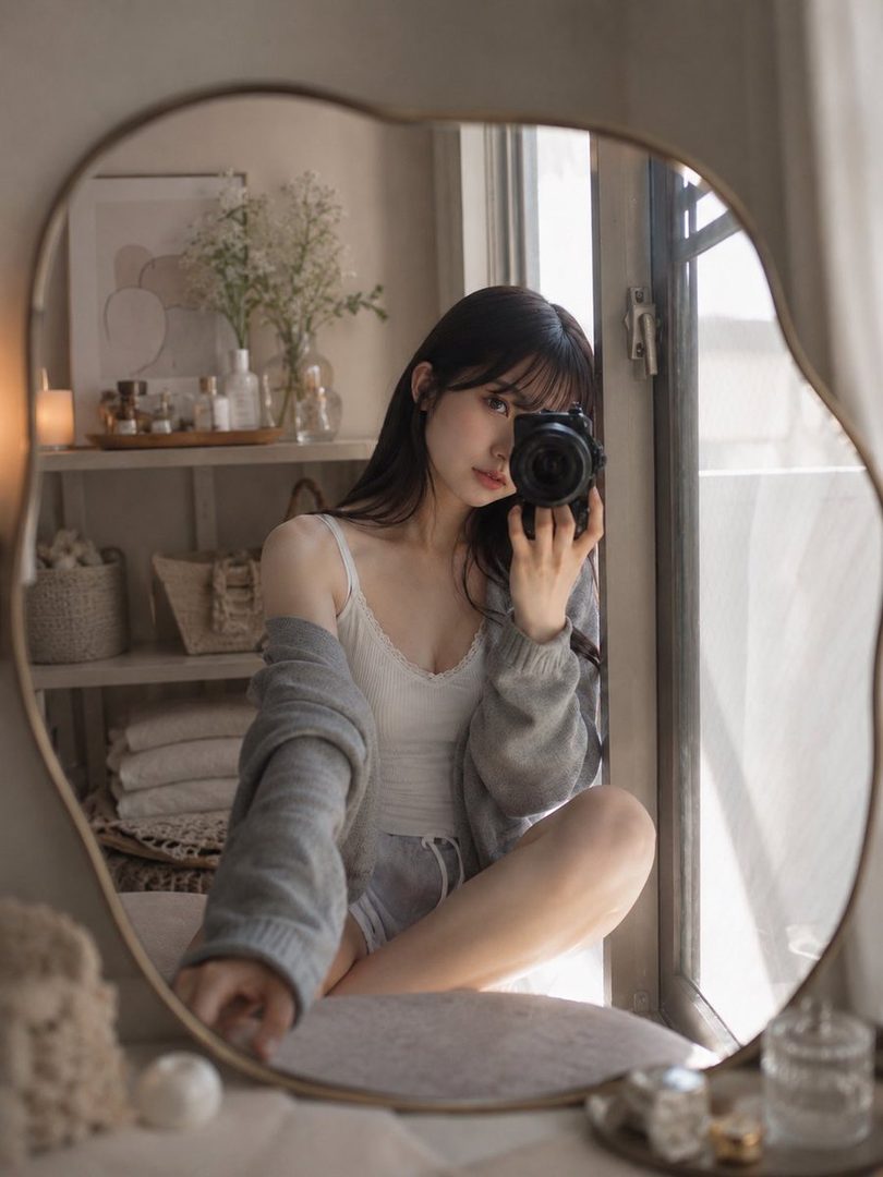 A young woman with long black hair takes a selfie in a mirror, wearing a white camisole and grey cardigan.
