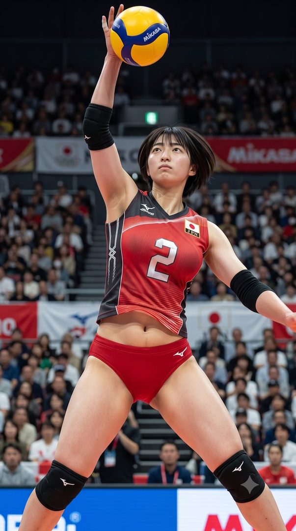 A female volleyball player in a red and black uniform serves the ball during a match, with a crowd in the background.