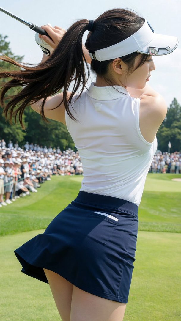 A young woman in a white sleeveless polo shirt and a navy blue skirt swings a golf club on a sunny day, with a crowd watching in the background.