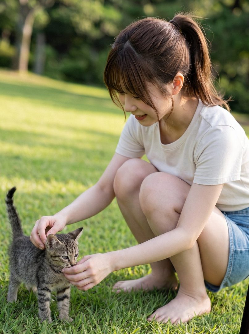 A young woman with brown hair in a ponytail, wearing a white t-shirt and denim shorts, crouches on the grass petting a small tabby kitten.