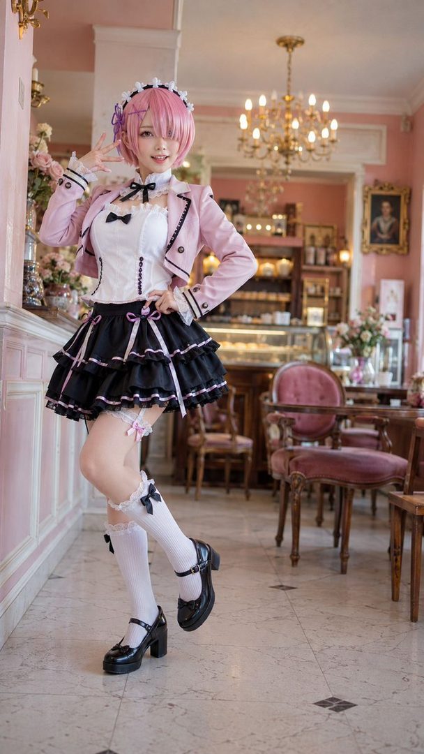 A young woman in a pink jacket and black ruffled skirt, posing in a cafe.