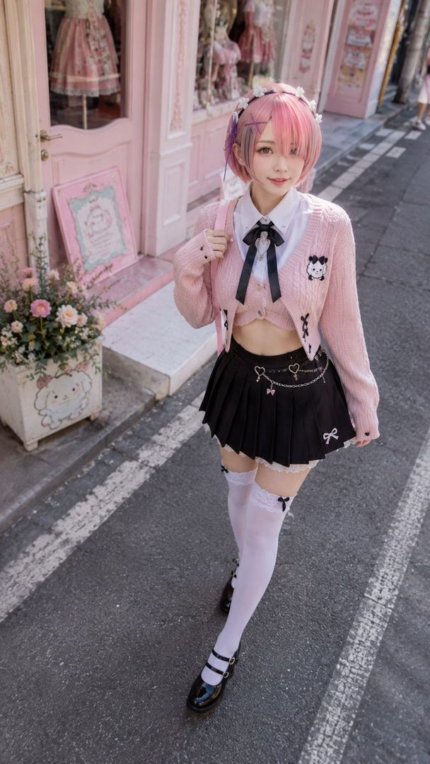 A young woman with pink hair and a cute outfit poses on a street in front of a pink boutique.