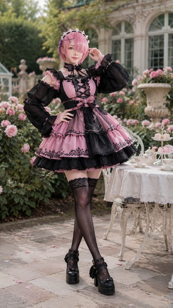A cosplayer dressed as Ram from Re:Zero, wearing a pink and black gothic lolita dress, posing in a garden.