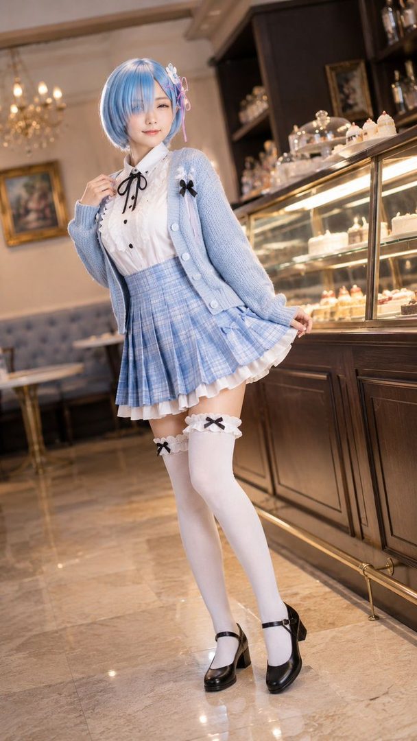 A cosplayer dressed as Rem from Re:Zero, wearing a blue plaid skirt, white blouse, and blue cardigan, posing in a cafe.