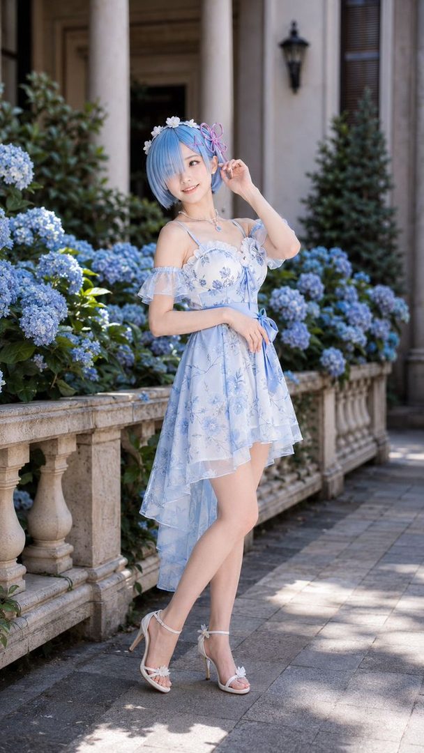 A young woman with short blue hair, dressed in a light blue floral off-the-shoulder dress and white heels, poses outdoors with blue hydrangeas.