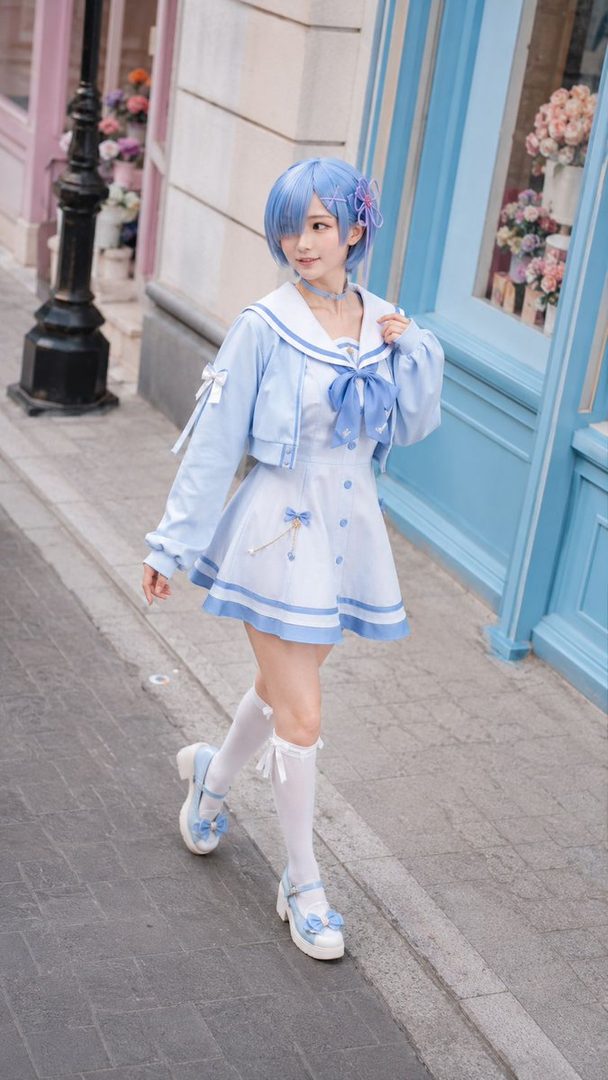 A young woman with short blue hair, dressed in a light blue sailor-style dress and jacket, walks down a street.