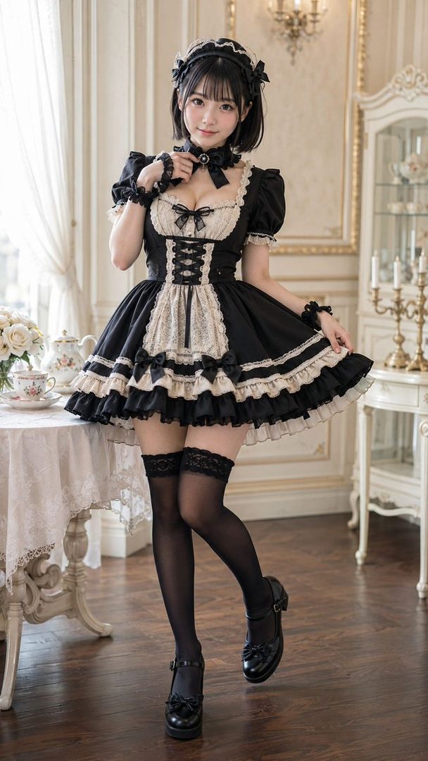 A young woman in a black and white gothic lolita maid dress, black lace thigh-high stockings, and Mary Jane shoes, posing indoors.