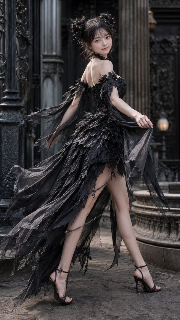 A young woman with black hair styled in twin buns, wearing a black gothic-inspired dress with flowing fabric and intricate details, posing outdoors with a dark, ornate background.